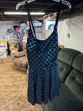 Black Mermaid Scale Swimsuit Dress with Iridescent Blue-Green Print